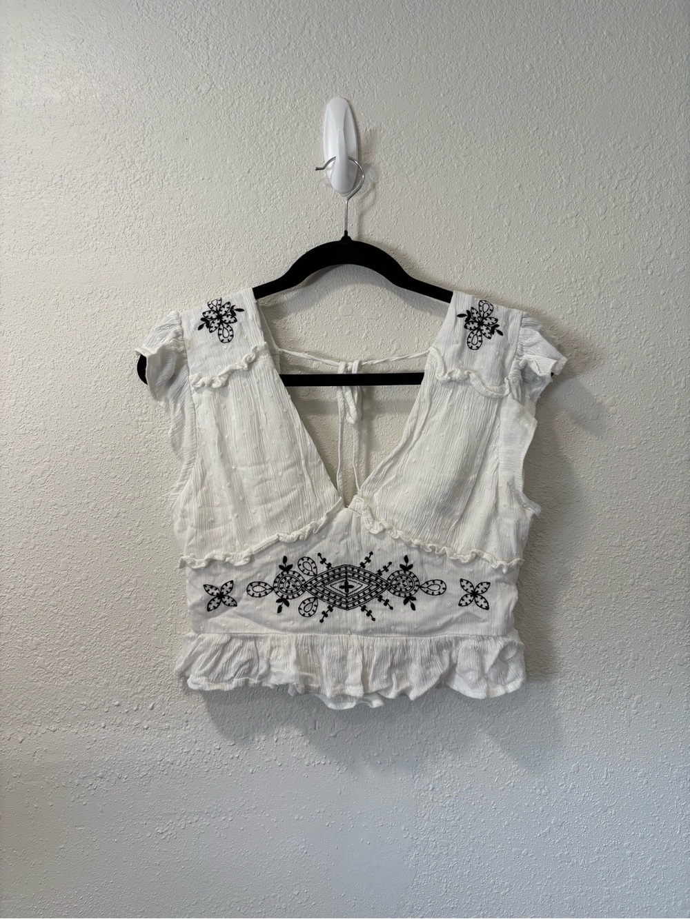 Blue Rain White Crop Top with Black Embroidery
